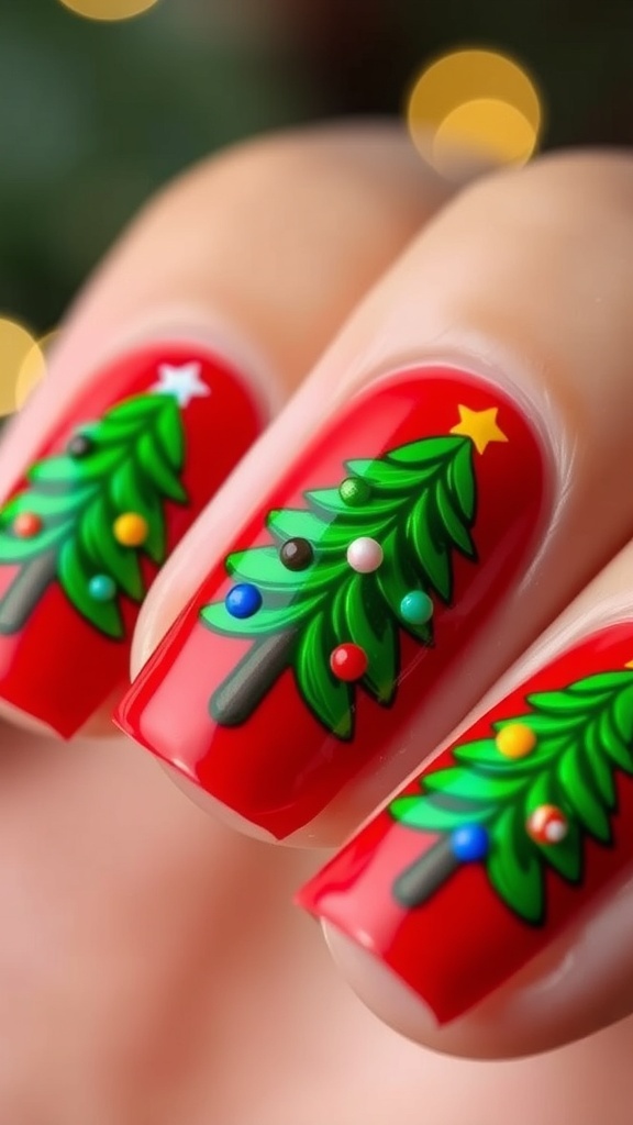 Close-up of Christmas tree nail art design on festive red background.
